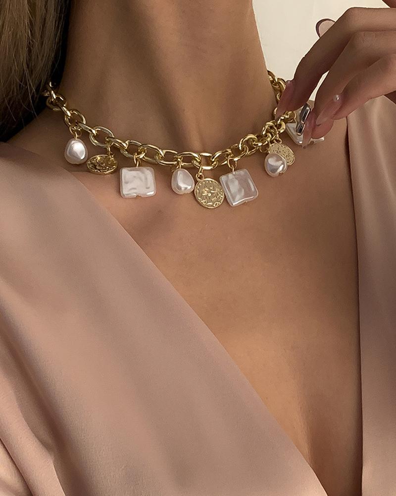 

Metalic Chain Splicing Imitation Pearls Necklace, Gold