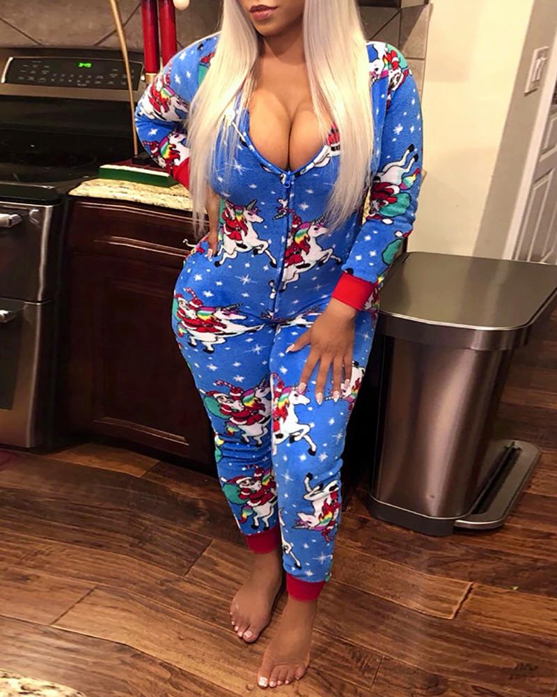 

Christmas Mixed Print Hooded Lounge Jumpsuit, Blue