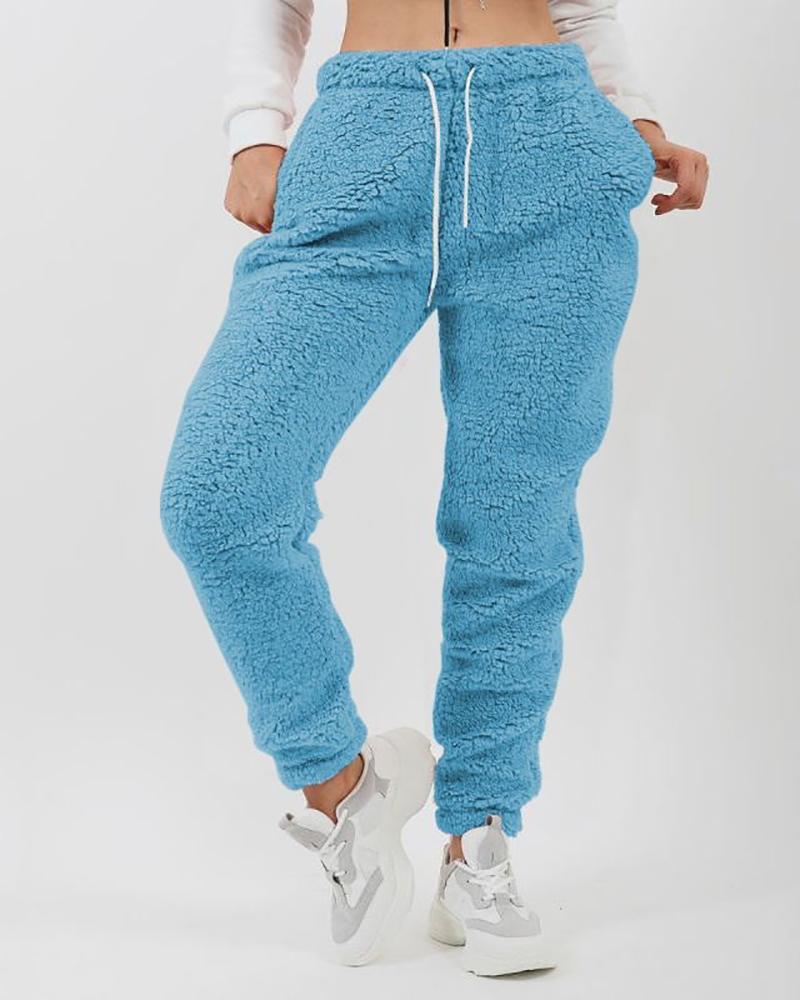

Drawstring Pocket Decor Fluffy Casual Pants, Blue