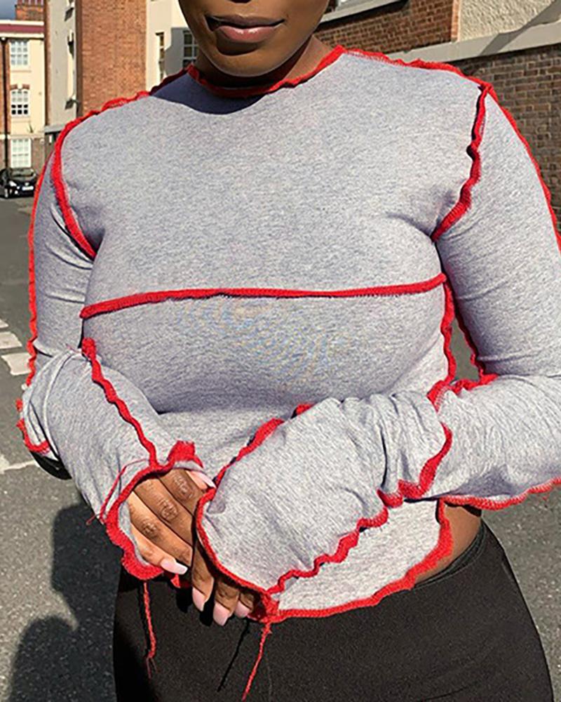 

Colorblock Frill Hem Long Sleeve Top, Gray
