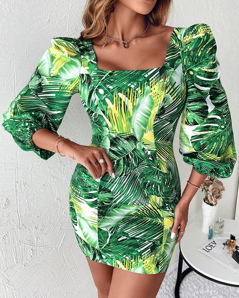

Puff Lantern Sleeve Tropical Print Dress, Green
