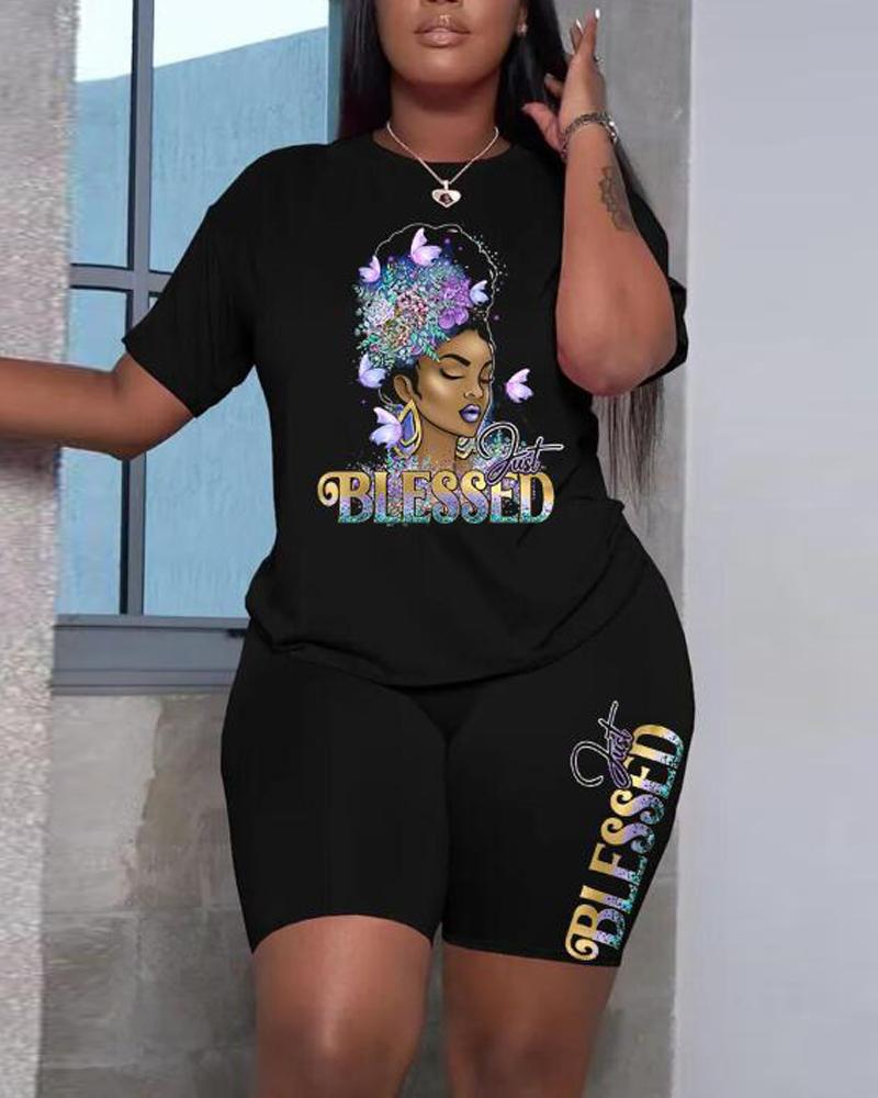 

Plus Size Figure Letter Print Casual Top & Shorts Set, Black