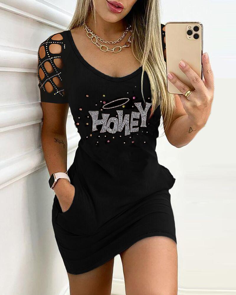 

Letter Pattern Studded Pocket Design Cutout Bodycon Dress, Black