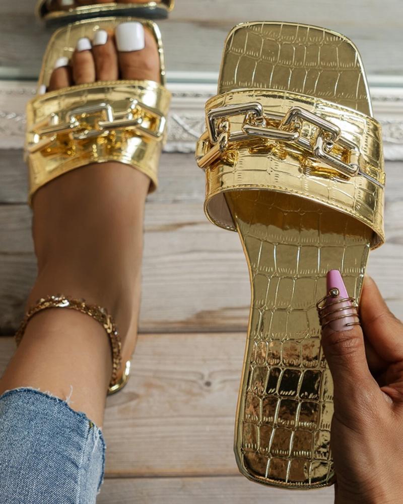 

Square Toe Chain Decor Slippers, Gold