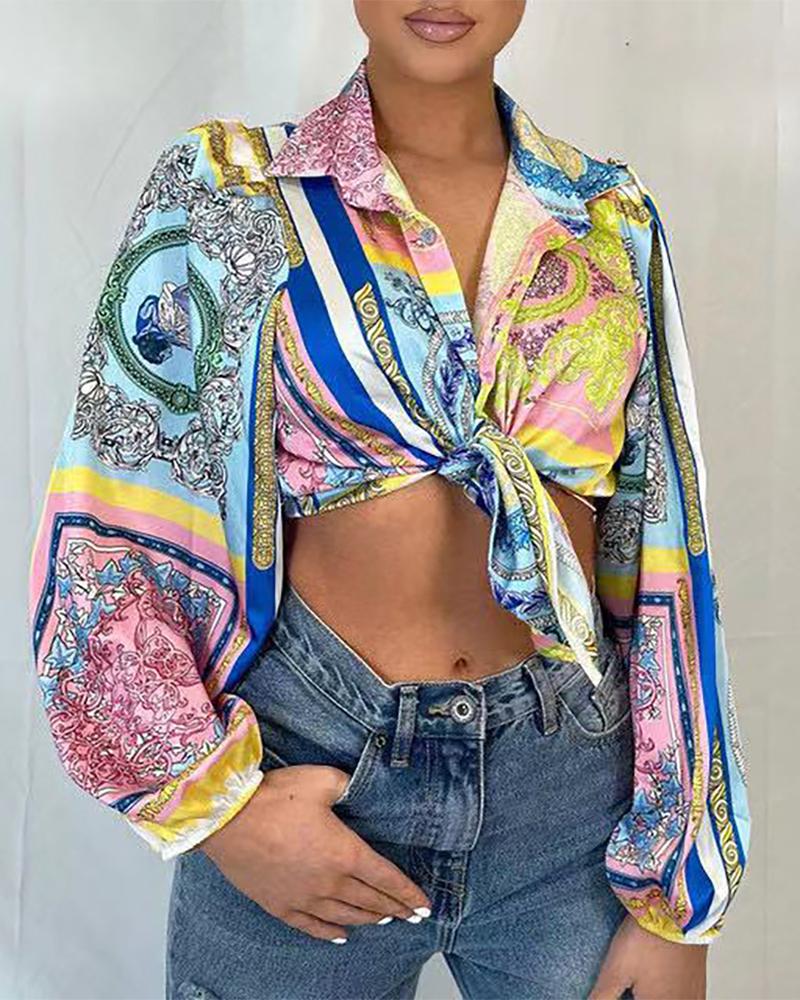 

Buttoned Scarf Print Long Sleeve Shirt, Yellow