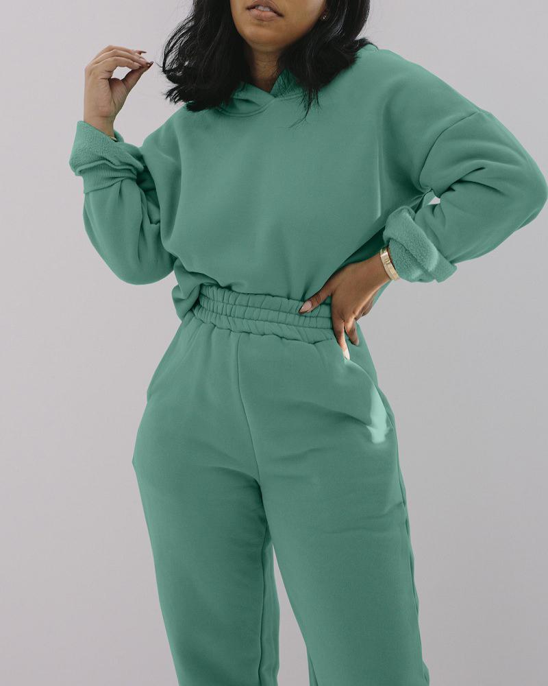 

Hooded Long Sleeve Casual Top & Pocket Design Pants Set, Green