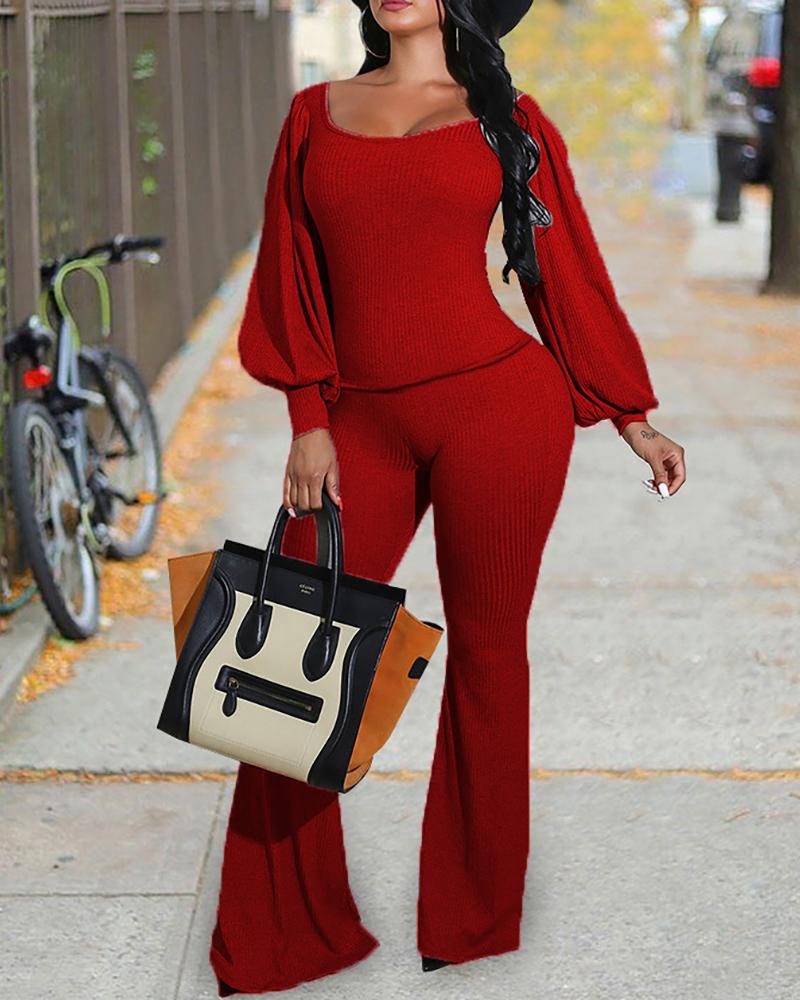 

Ribbed Lantern Sleeve Top & Pants Set, Red