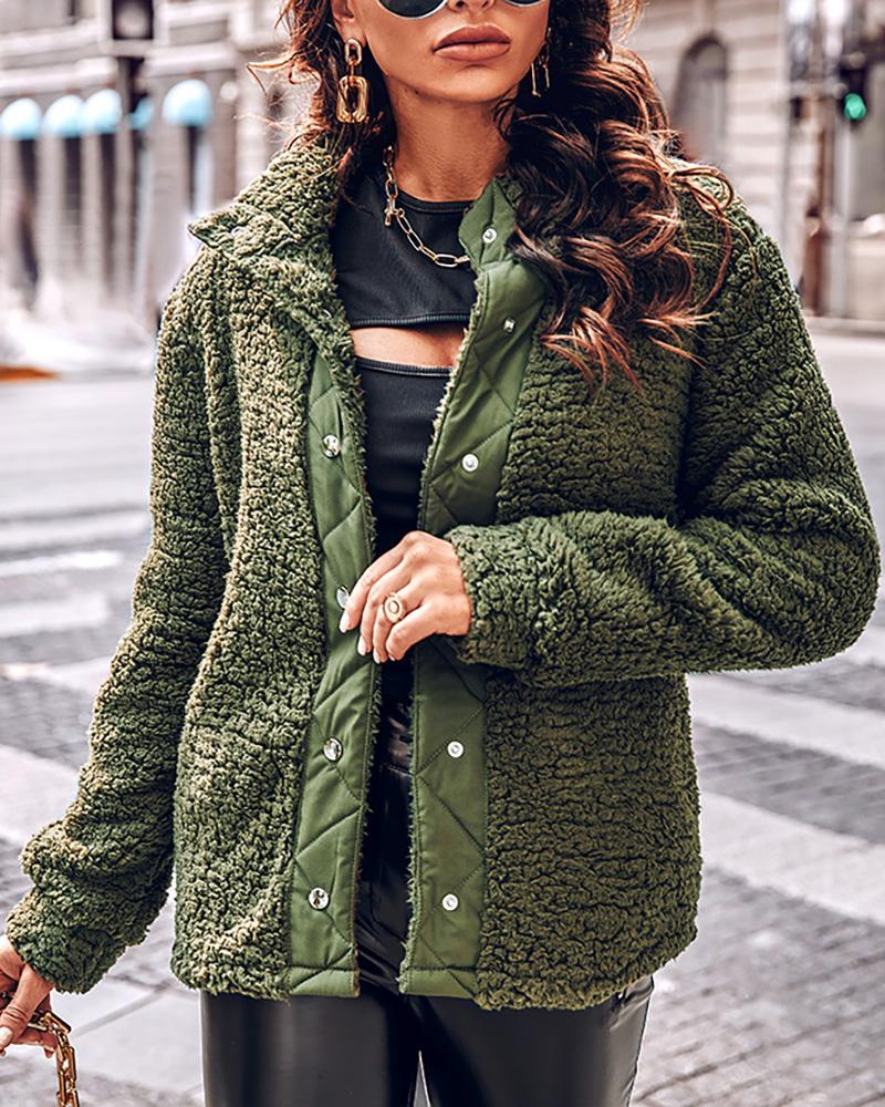 

Pocket Design Buttoned Long Sleeve Teddy Coat, Army green