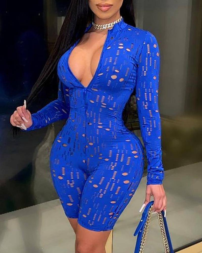 

Hollow Out Plunge Long Sleeve Zipper Design Romper, Blue
