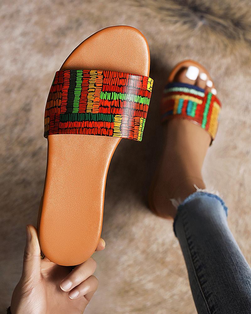 

Round-toe All Over Print Strap Flat Slippers, Red