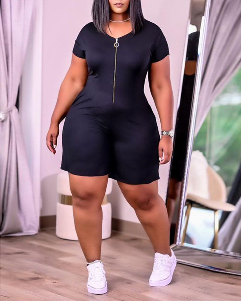 

Plus Size Zipper Front Short Sleeve Casual Romper, Black