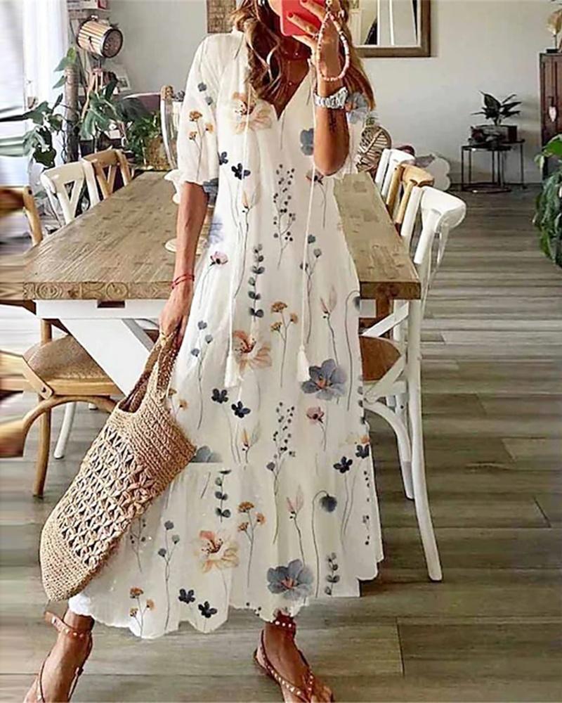 

Floral Print Ruffle Hem Maxi Dress, White