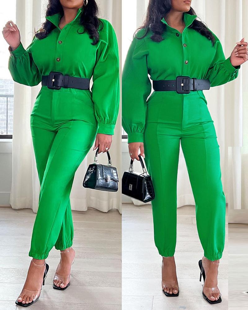 

Long Sleeve Button Front Jumpsuit, Green