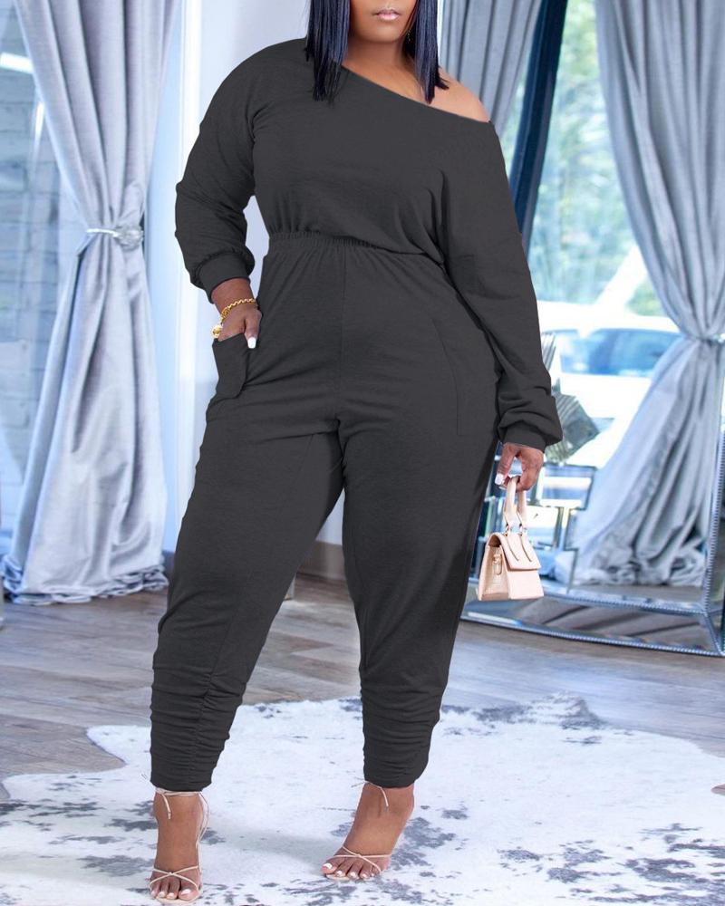 

Plus Size Pocket Detail Long Sleeve Jumpsuit, Black