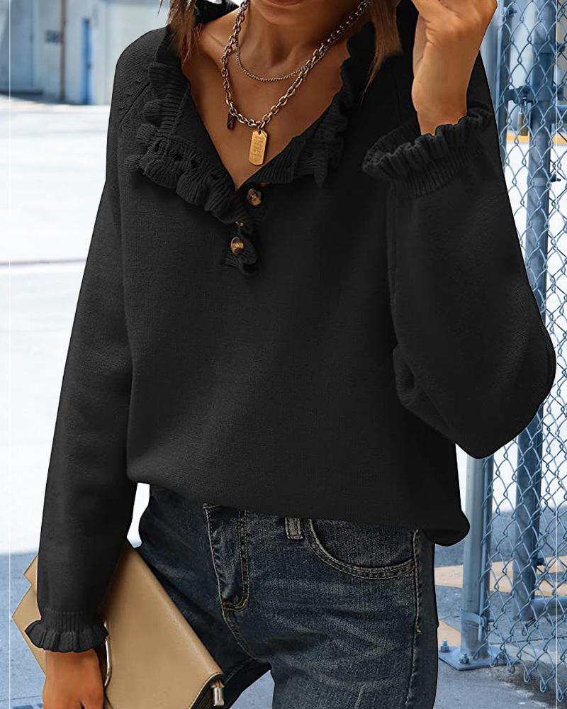 

Long Sleeve Button Front Ruffle Hem Knit Sweater, Black