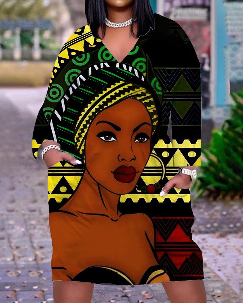 

Plus Size Figure Print V-Neck Casual Dress, Black