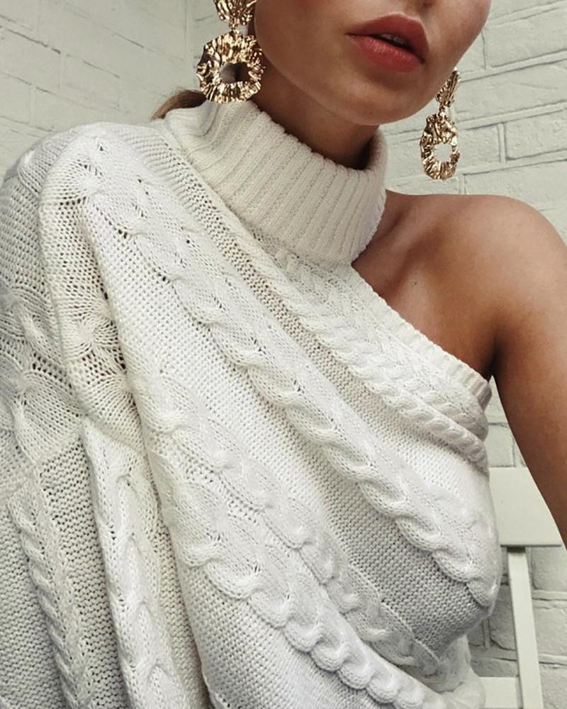 

Plain Cable Knit One Shoulder Sweater, White