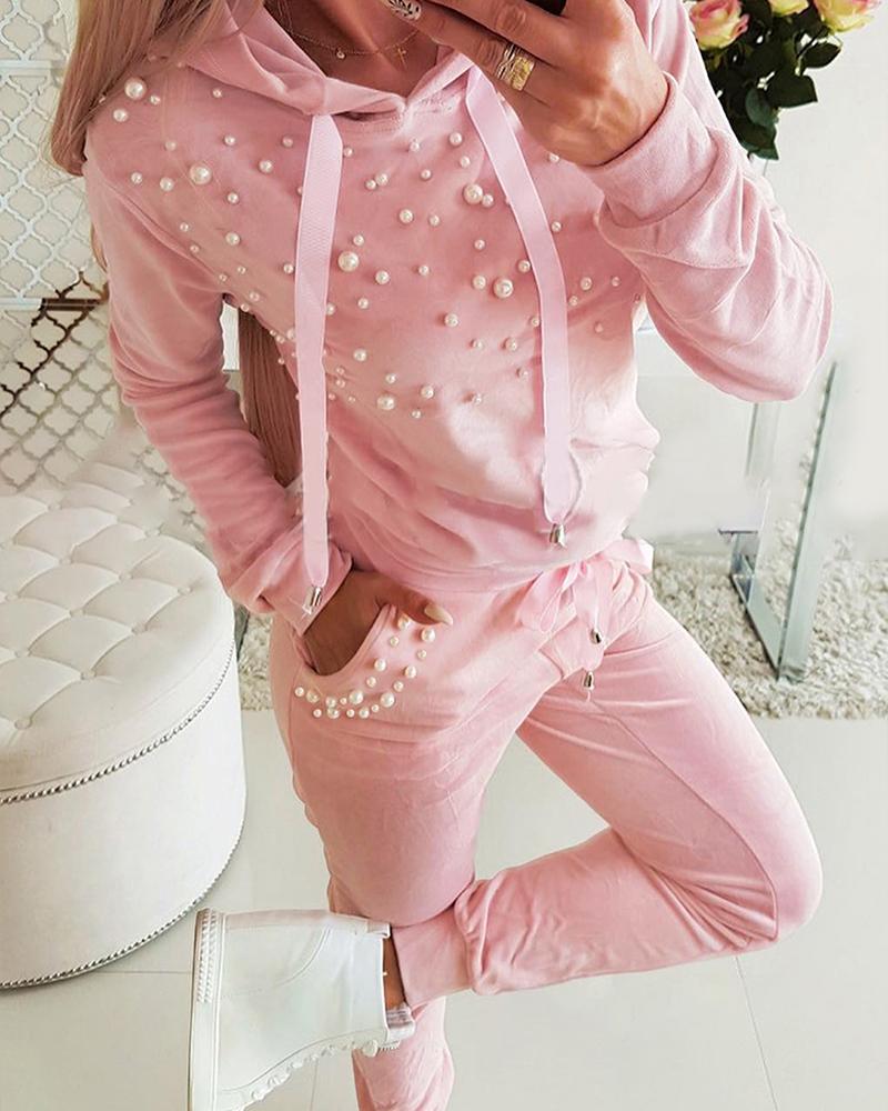 

Beaded Hooded Top & Drawstring Pants Set, Pink