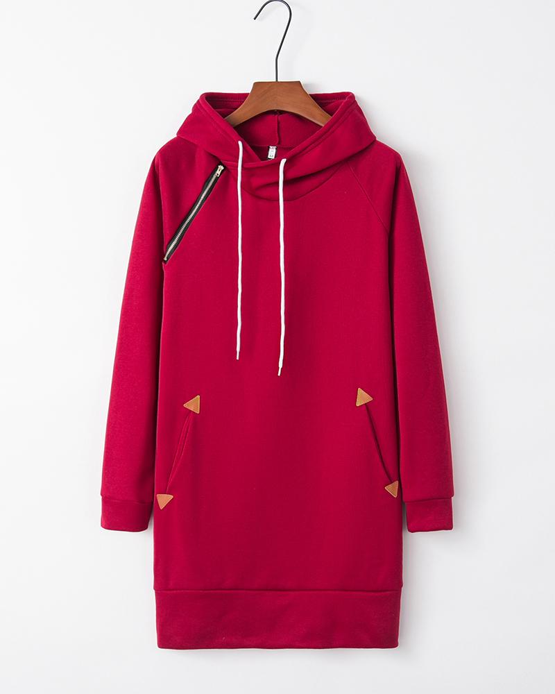 

Solid Long Sleeve Hoodies Loose Sweat Dresses, Red