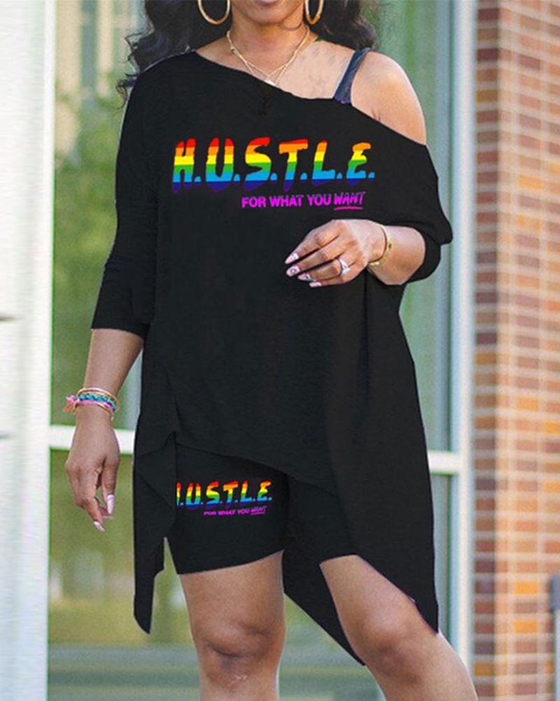 

Plus Size Letter Print Asymmetrical Top & Shorts Set, Black
