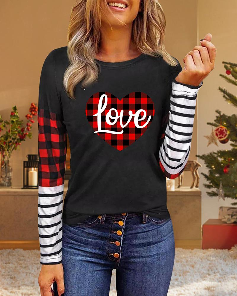 

Valentine' Day Heart Love Striped Plaid Print Top, Black