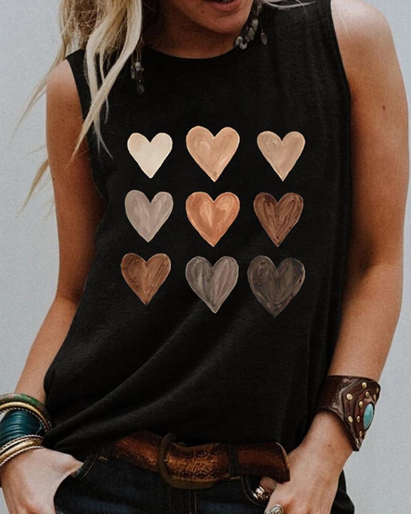 

Heart Print Sleeveless O-neck Tank Top, Black