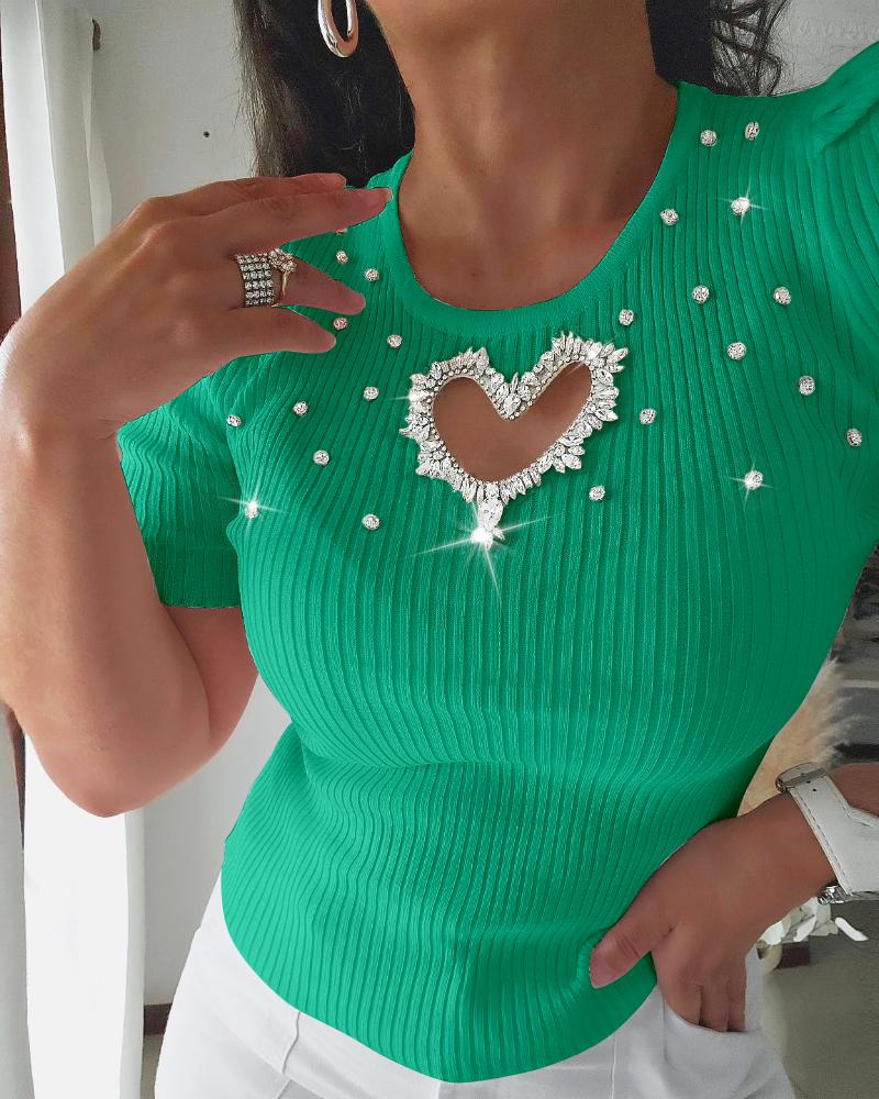 

Hollow Heart Studded Rhinestone Beaded Knit Sweater, Green