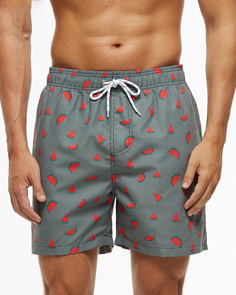 

Vacation Style Fruit Print Drawstring Short Pants, Gray