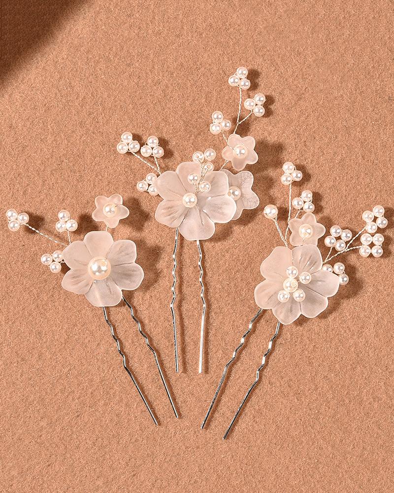 

3pcs Beaded Bride Wedding Hair Comb Clips Floral Pattern Hair Accessories, Silver