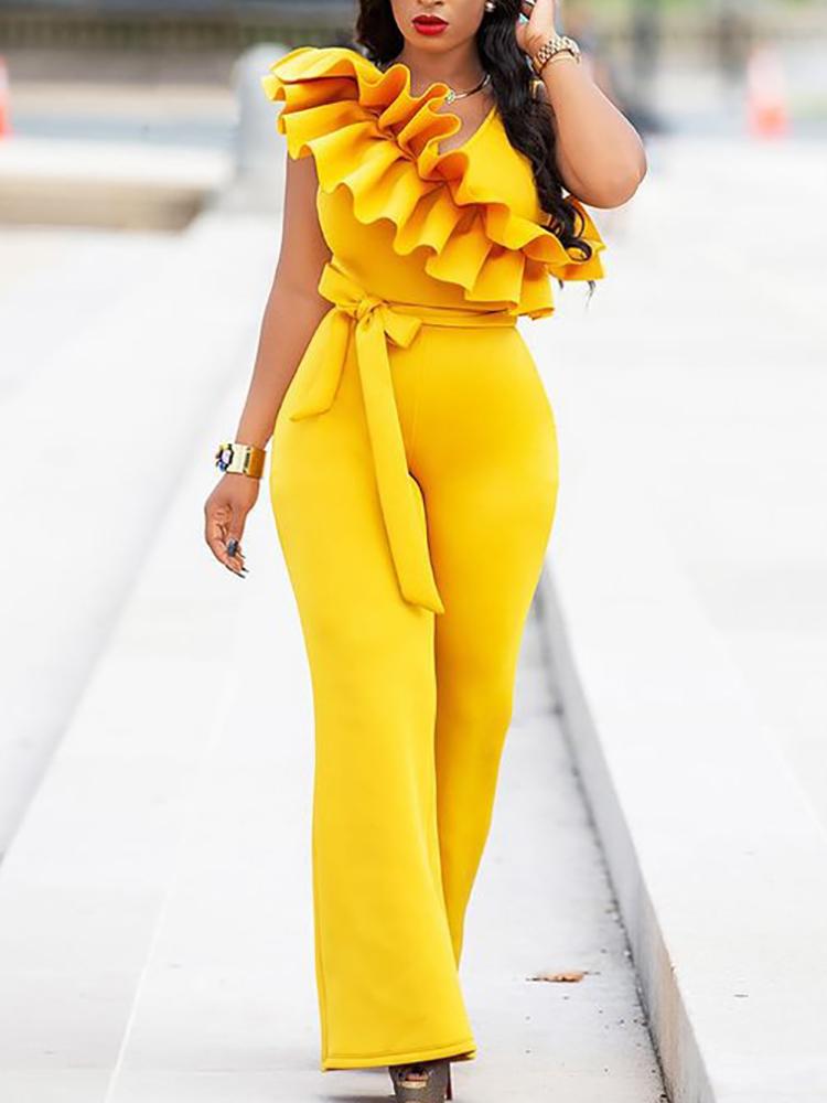 

Ruffles Design Belted Wide Leg Jumpsuit, Yellow
