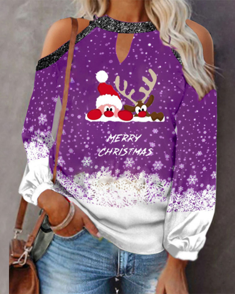 

Merry Christmas Snowflake Cartoon Elk Print Cold Shoulder Top, Purple