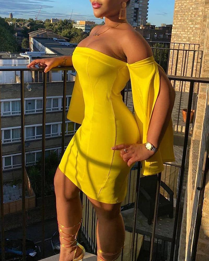 

Off Shoulder Slit Bell Sleeve Bodycon Dress, Yellow