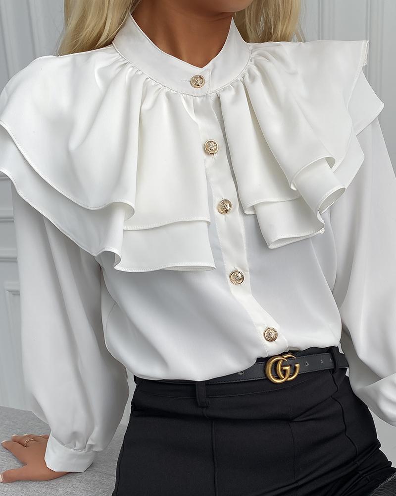 

Ruffles Button Front Long Sleeve Top, White