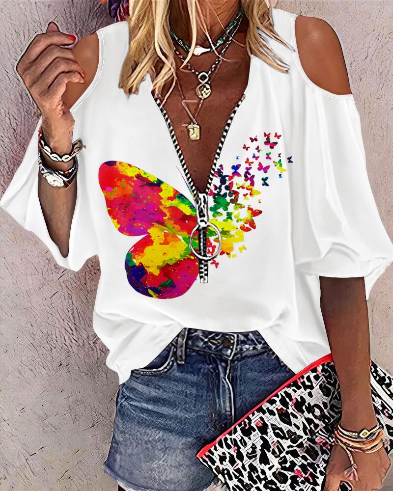

Butterfly Print Zip Front Cold Shoulder Top, White
