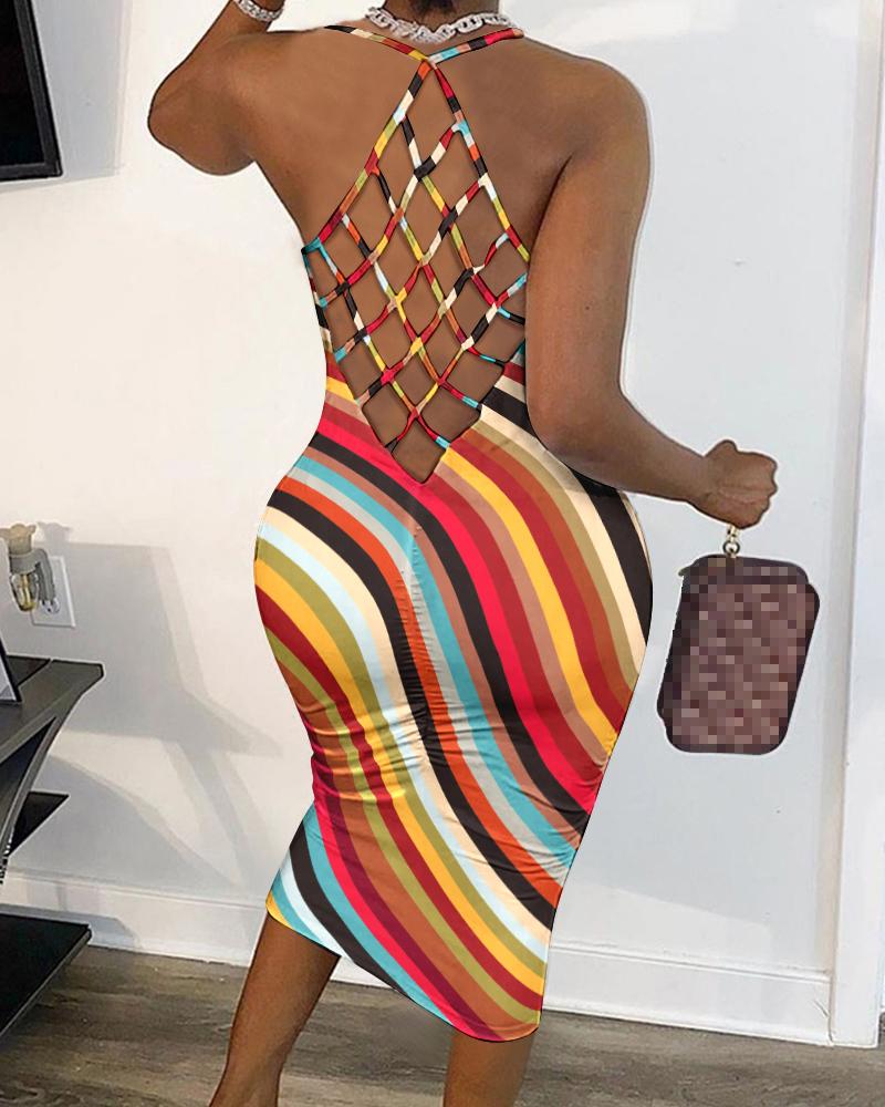 

Striped Print Fishnet Backless Bodycon Dress, Multicolor