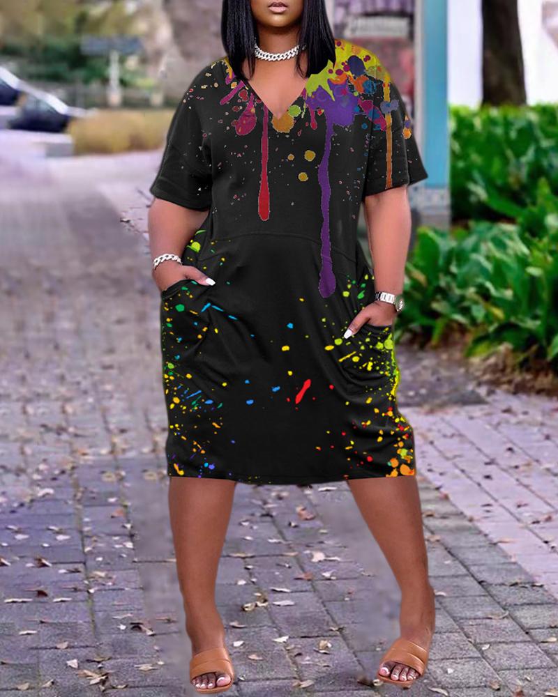 

Plus Size Ink Splash Print Short Sleeve Pocket Design Casual Dress, Black