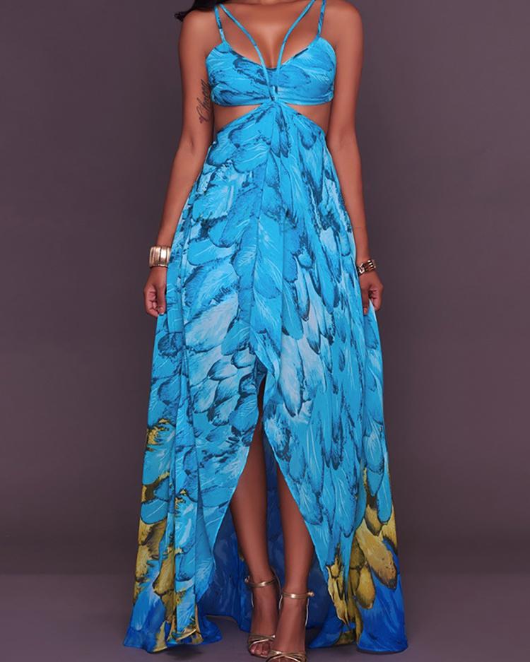 

Irregular Cut Out Strappy Print Maxi Dress, Blue