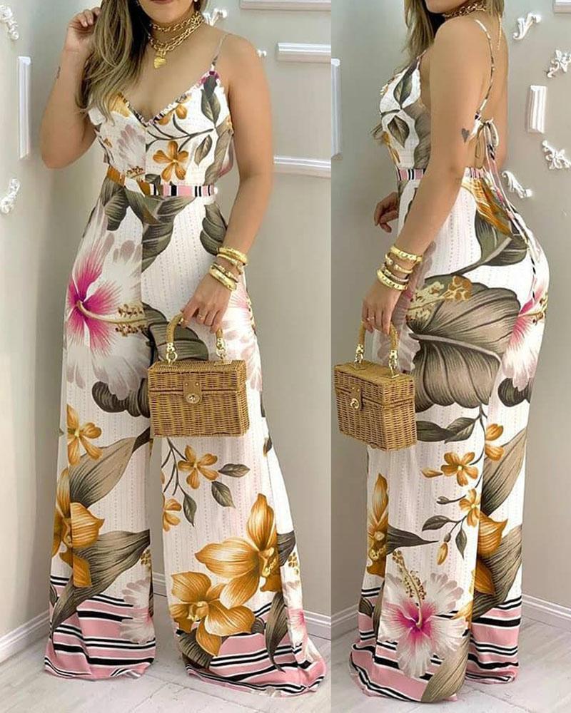 

Tropical Print Backless Wide Leg Jumpsuit, White