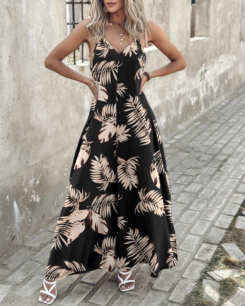 

Palm Leaf Print Ruched Wide Leg Jumpsuit, Black
