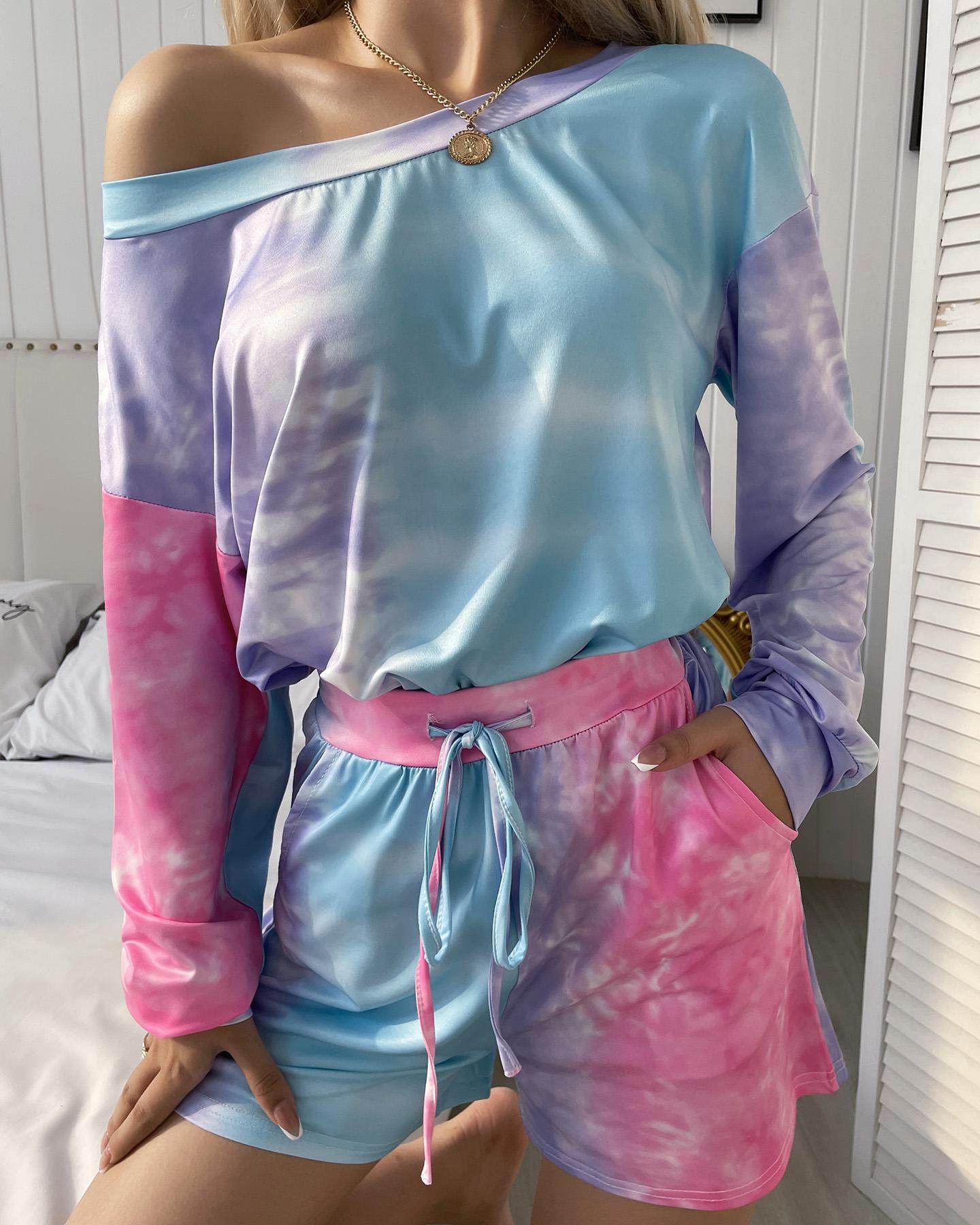 

Ombre Drop Shoulder Top & Drawstring Shorts Set, Multicolor
