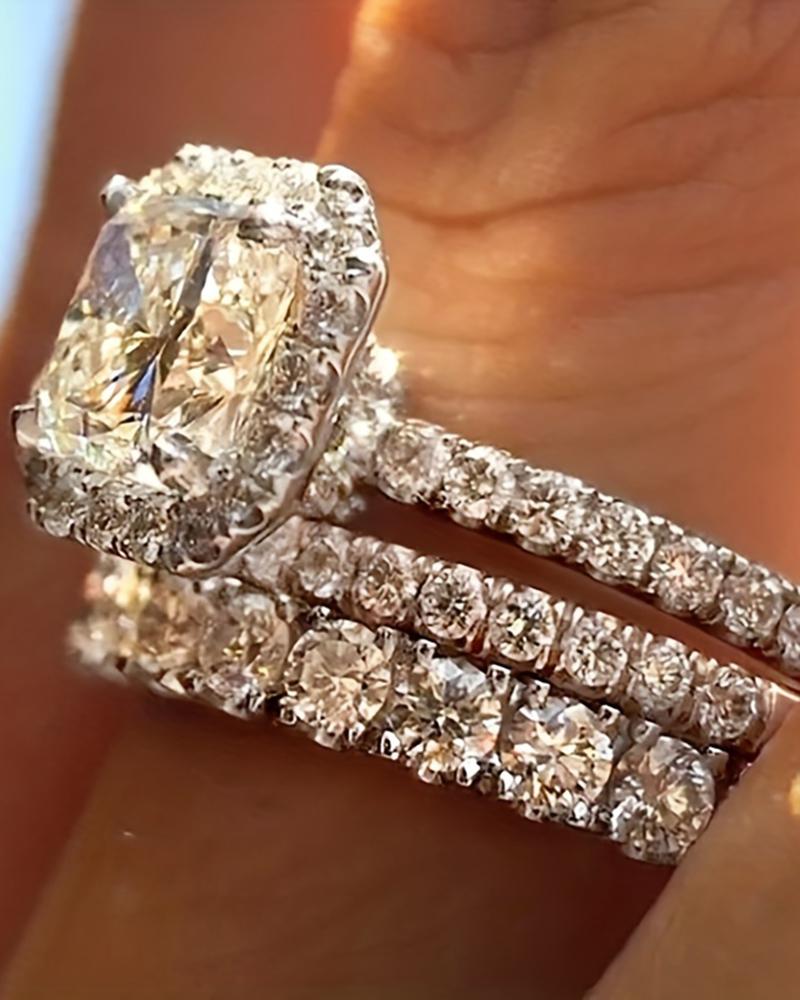 

3pcs Elegant Stacking Rings Silver Plated Inlaid Shining Zircon Engagement Wedding Couple Rings Set