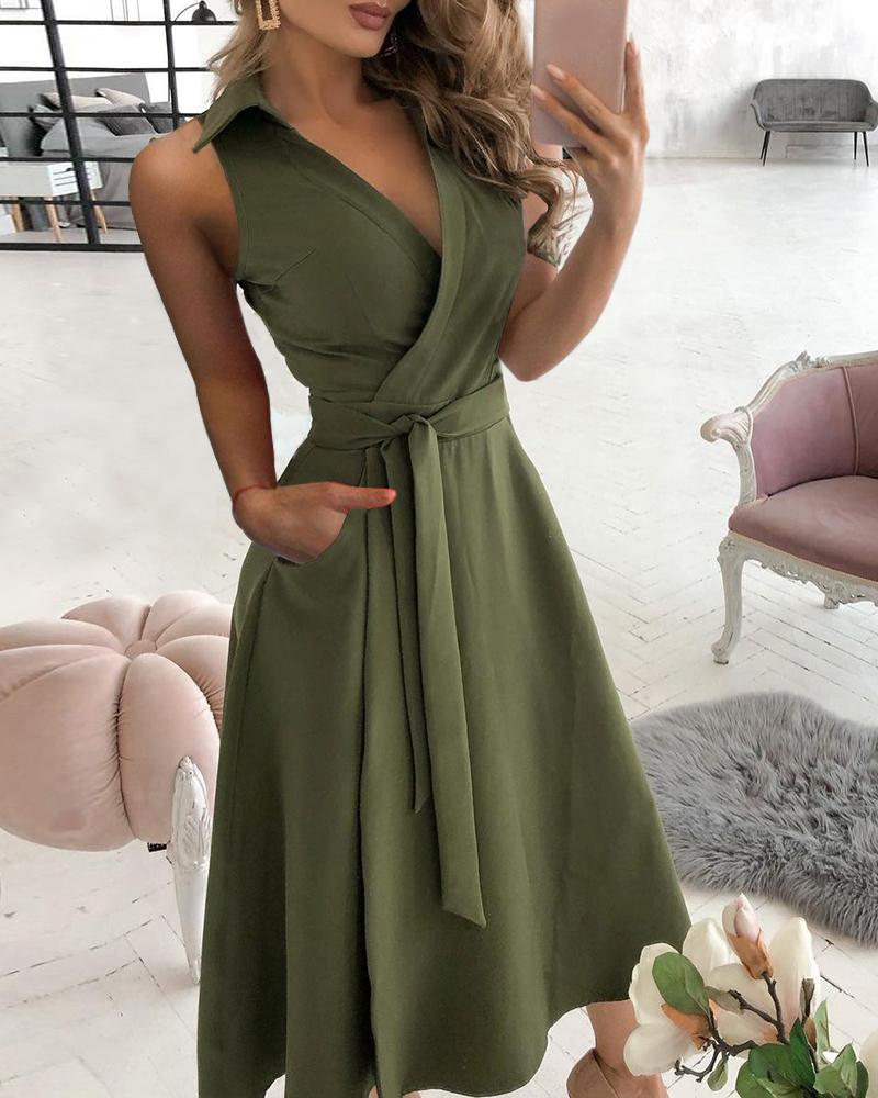 

Pocket Design Sleeveless Shirt Dress With Belt, Army green