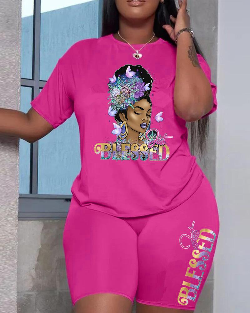 

Plus Size Just Blessed Figure Print Casual T-shirt & Shorts Set, Hot pink