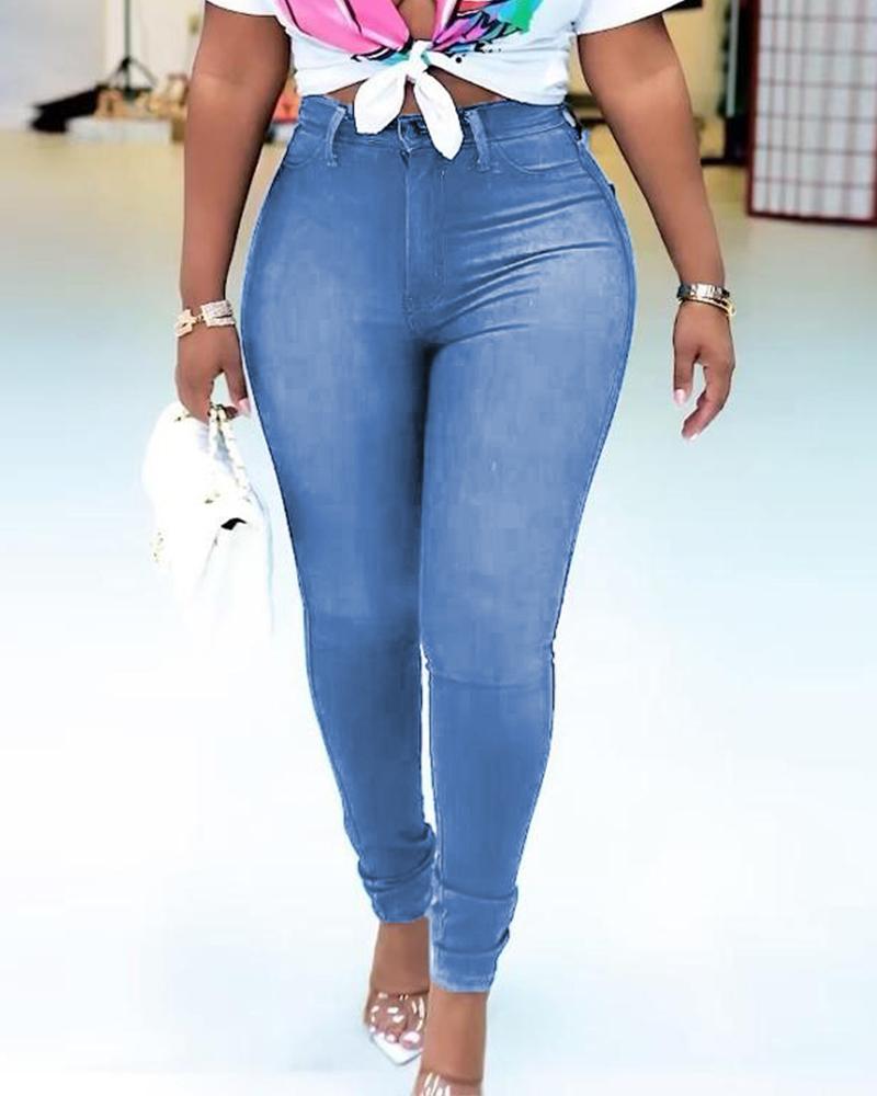 

Zipper Fly Pocket Detail Jeans, Blue