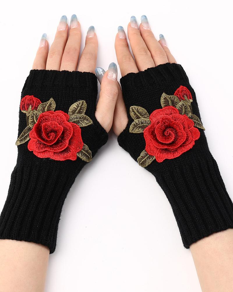 

1Pair Floral Embroidery Fingerless Winter Knit Warm Gloves, Style3