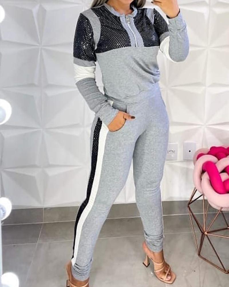 

Colorblock Long Sleeve Zipper Detail Top & Pocket Pants Set, Gray