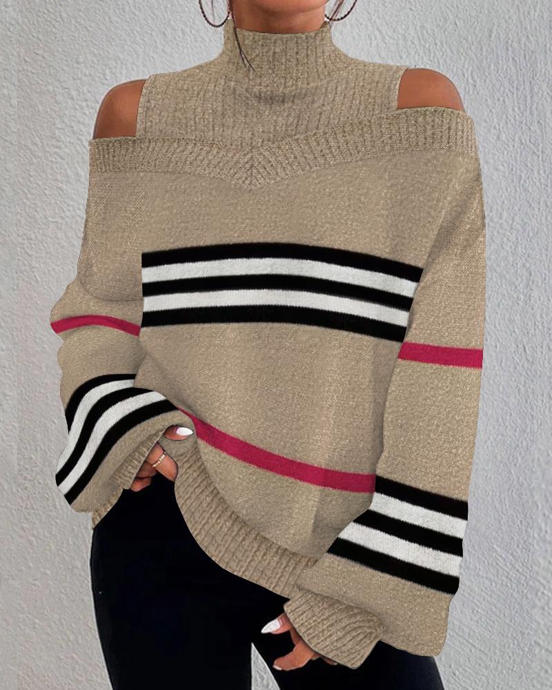 

Striped Lantern Sleeve Cold Shoulder Knit Sweater, Khaki