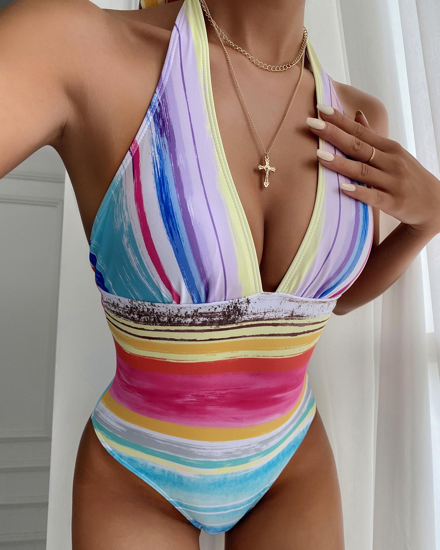 

Halter Colorblock Backless One Piece Swimsuit, Style1