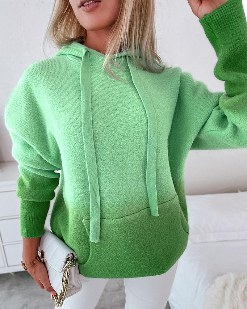 

Pocket Decor Ombre Knit Hooded Top, Green