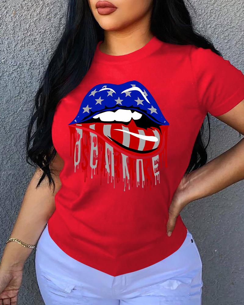 

Lip / Letter Print O Neck Short Sleeve T-Shirt, Red
